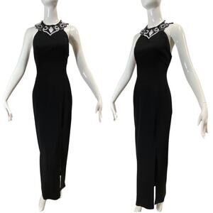 Vintage 90s NITELINE Black White Beaded Evening Gown High Slit Strapless 6